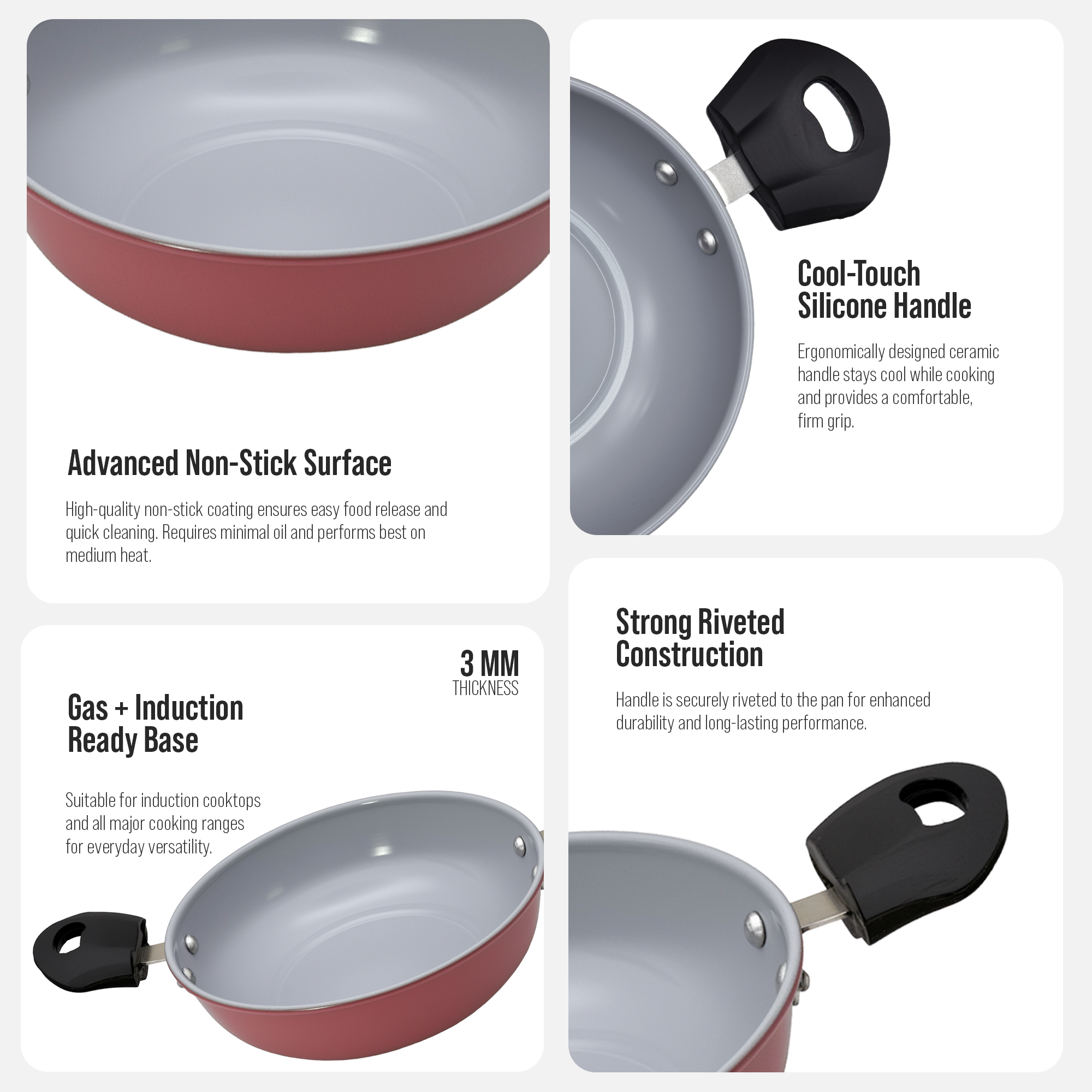 Non-Stick Premium Pink Kadhai | Induction Base | FDA Approved