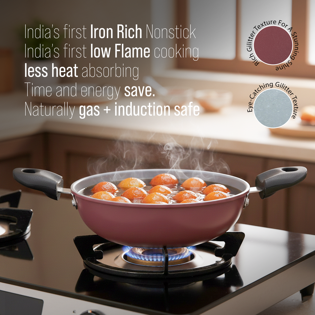 Non-Stick Premium Pink Kadhai | Induction Base | FDA Approved