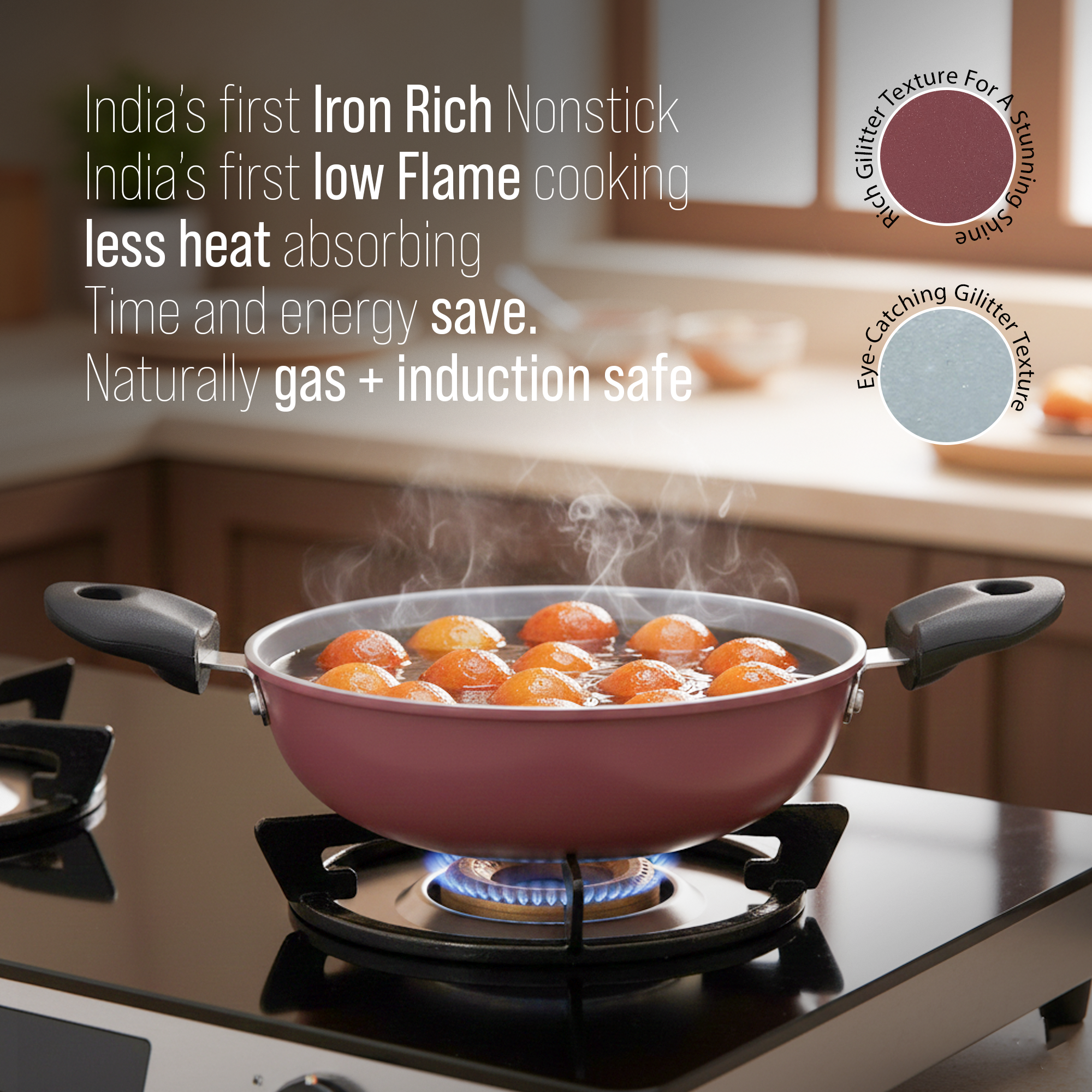 Non-Stick Premium Pink Kadhai | Induction Base | FDA Approved