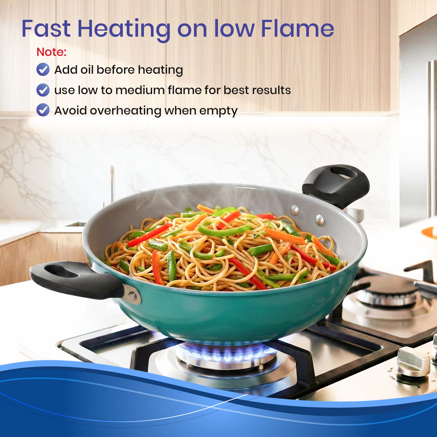 Non-Stick Premium blue Wok Pan (Kadhai) with Stay-Cool Handles