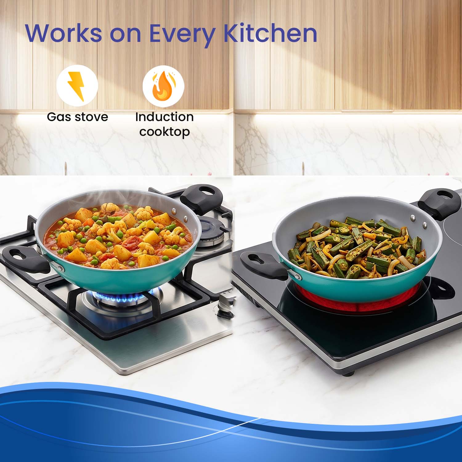Non-Stick Premium blue Wok Pan (Kadhai) with Stay-Cool Handles